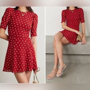 New! Reformation Bard Mini Printed Tie Back Red Dress 🌹size 4